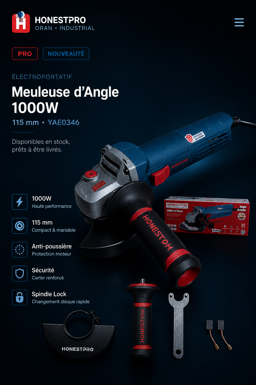 Meuleuse d’Angle 1000W 115 mm HONESTPRO YAE0346