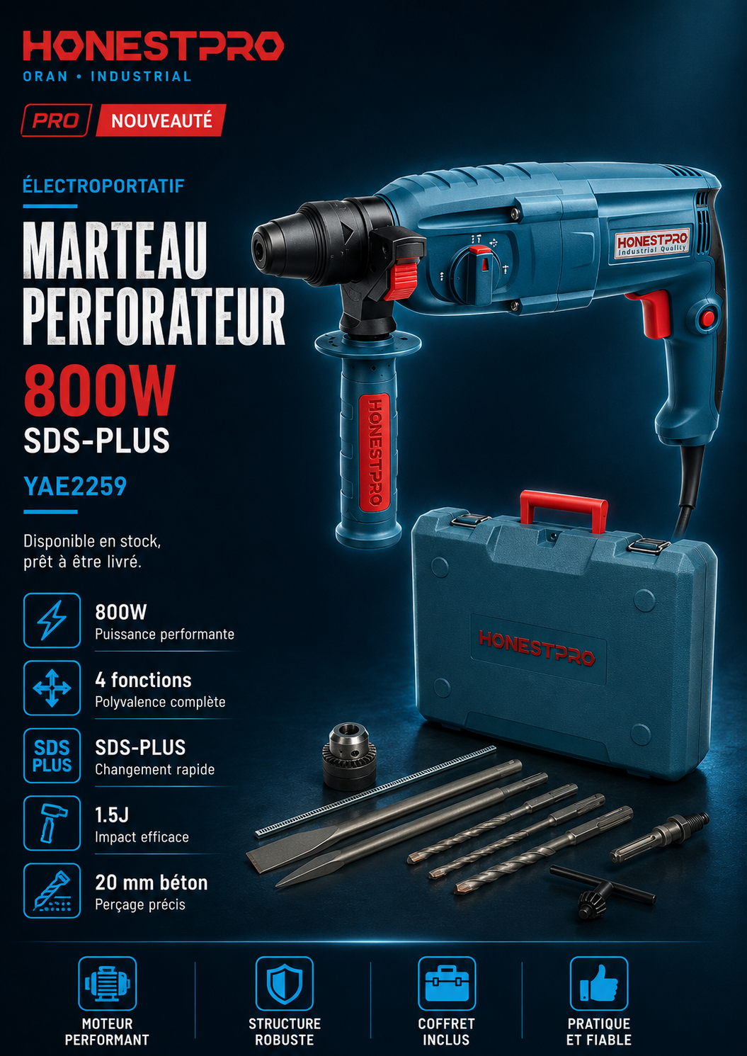 Marteau perforateur SDS-Plus 800W HONESTPRO YAE2259