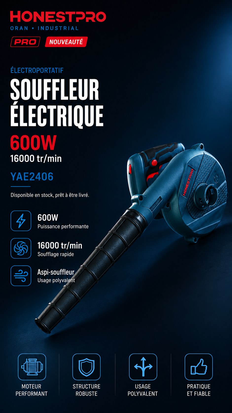 Aspi-souffleur électrique 600W HONESTPRO YAE2406