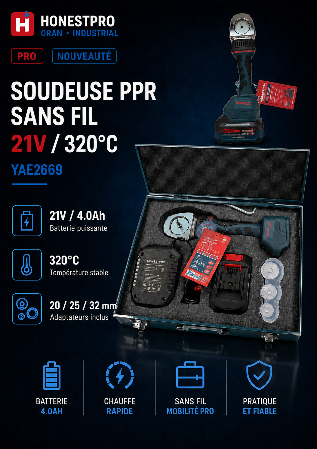 Soudeuse PPR sans fil 21V 4Ah HONESTPRO YAE2669