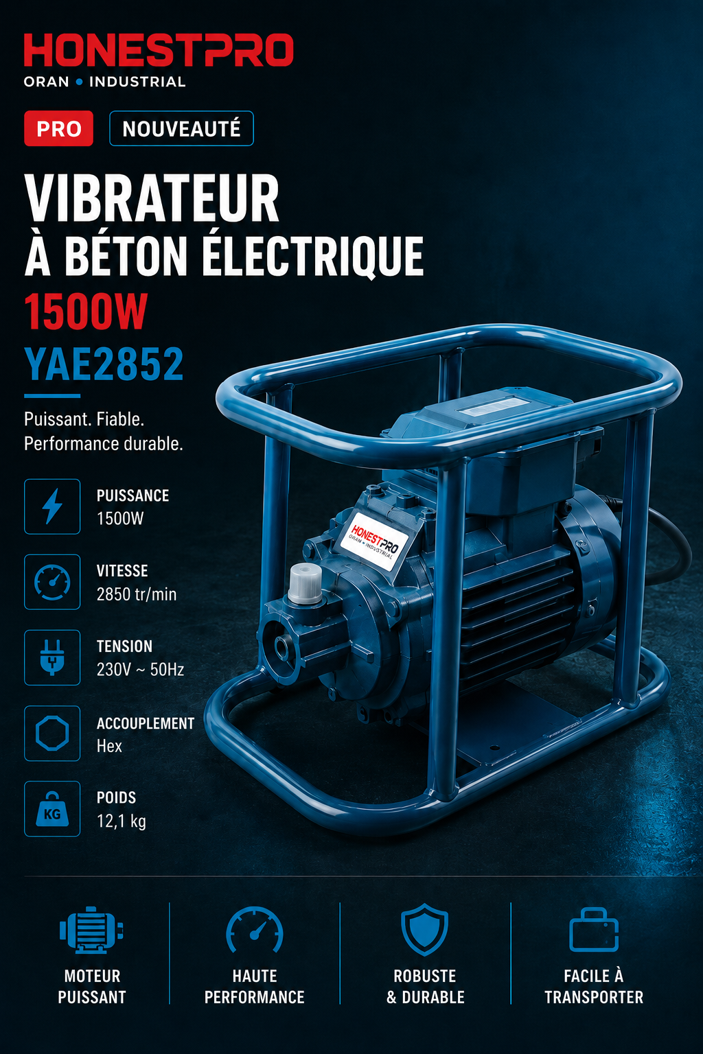 Vibreur à béton électrique 1500W HONESTPRO YAE2852