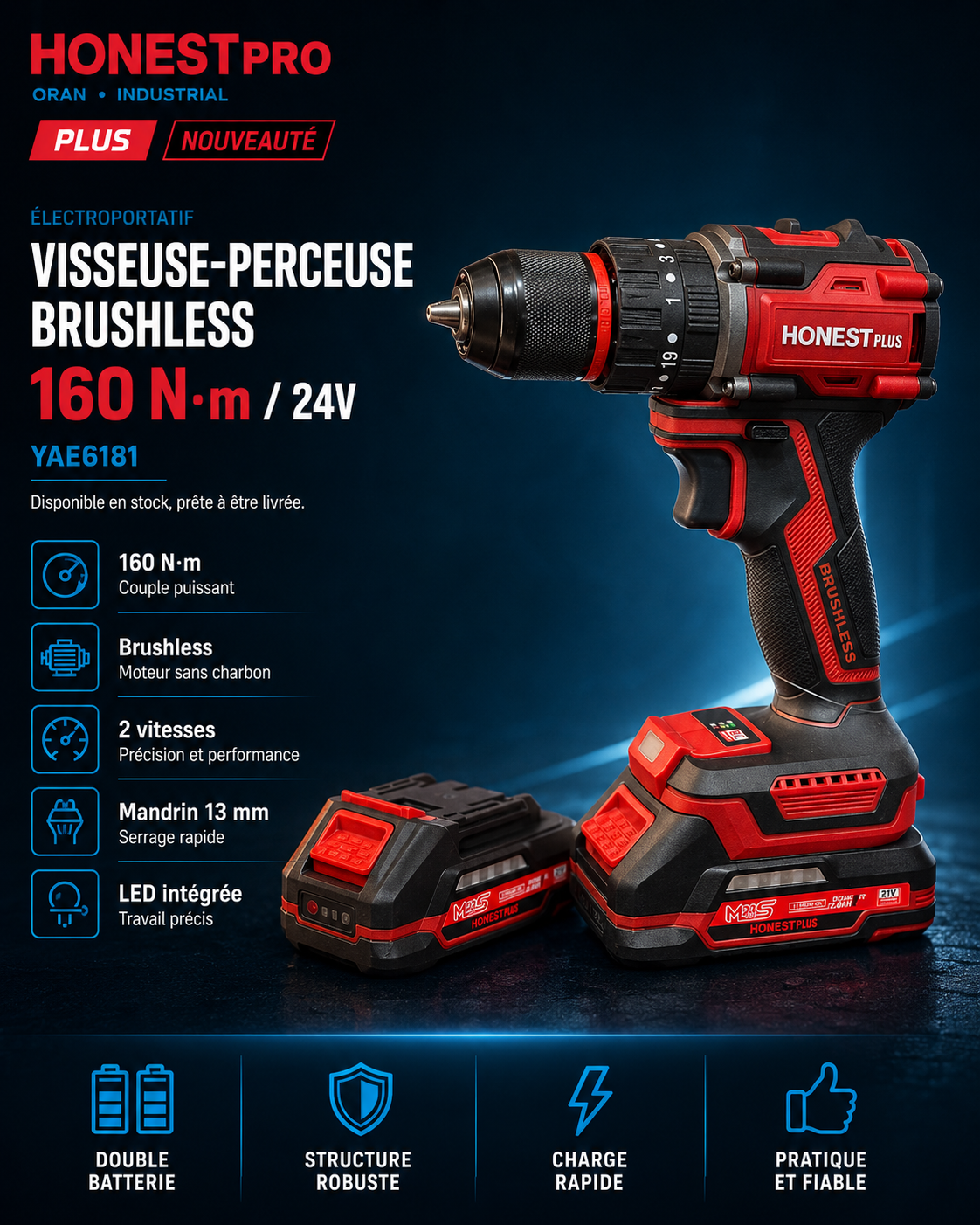 Visseuse-perceuse Brushless 160Nm HONESTPLUS YAE6181