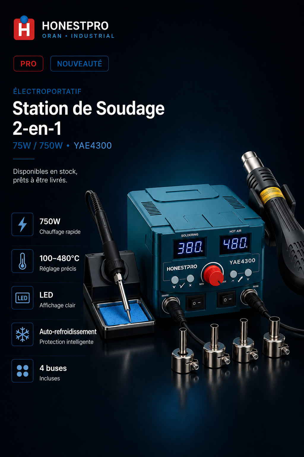 Station de Soudage 2-en-1 Air Chaud + Fer 75W/750W HONESTPRO YAE4300
