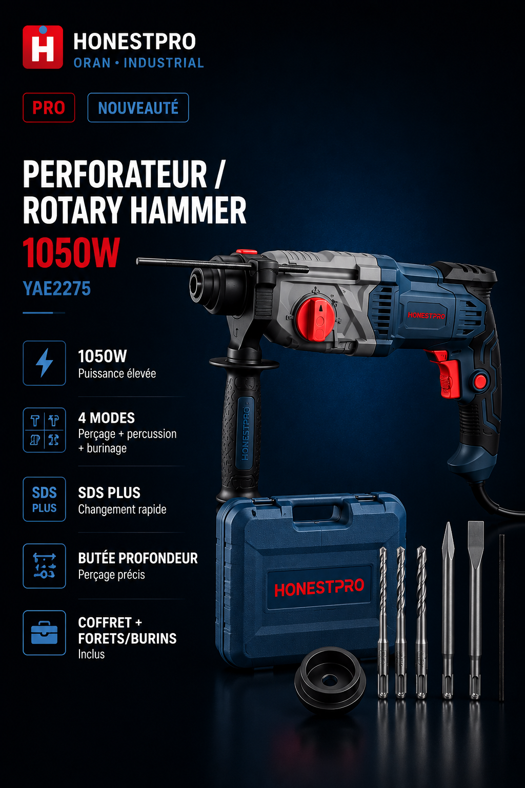 Perforateur SDS Plus 1050W 4 Modes HONESTPRO YAE2275