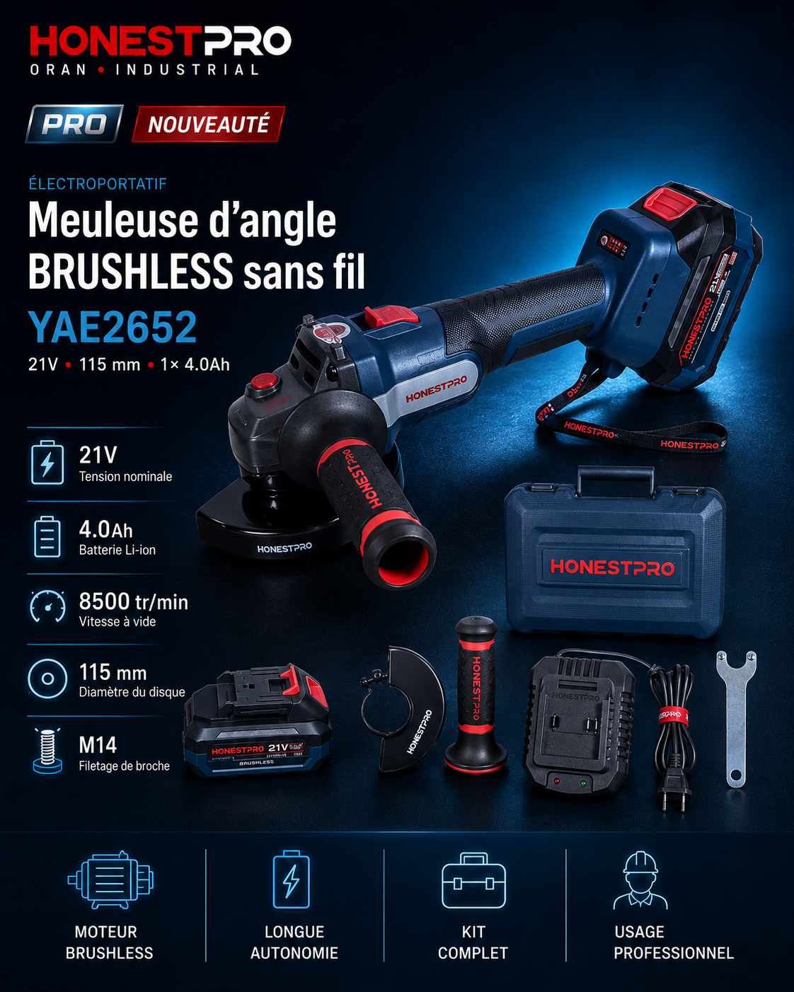 Meuleuse d’angle sans fil Brushless 21V 115 mm HONESTPRO YAE2652