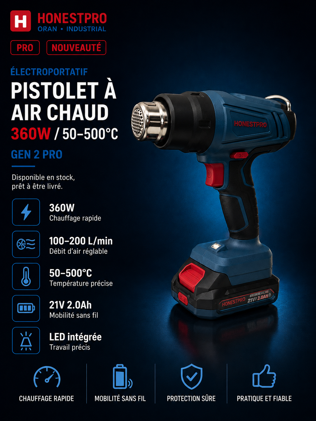 Pistolet thermique sans fil 21V HONESTPRO YAE2665