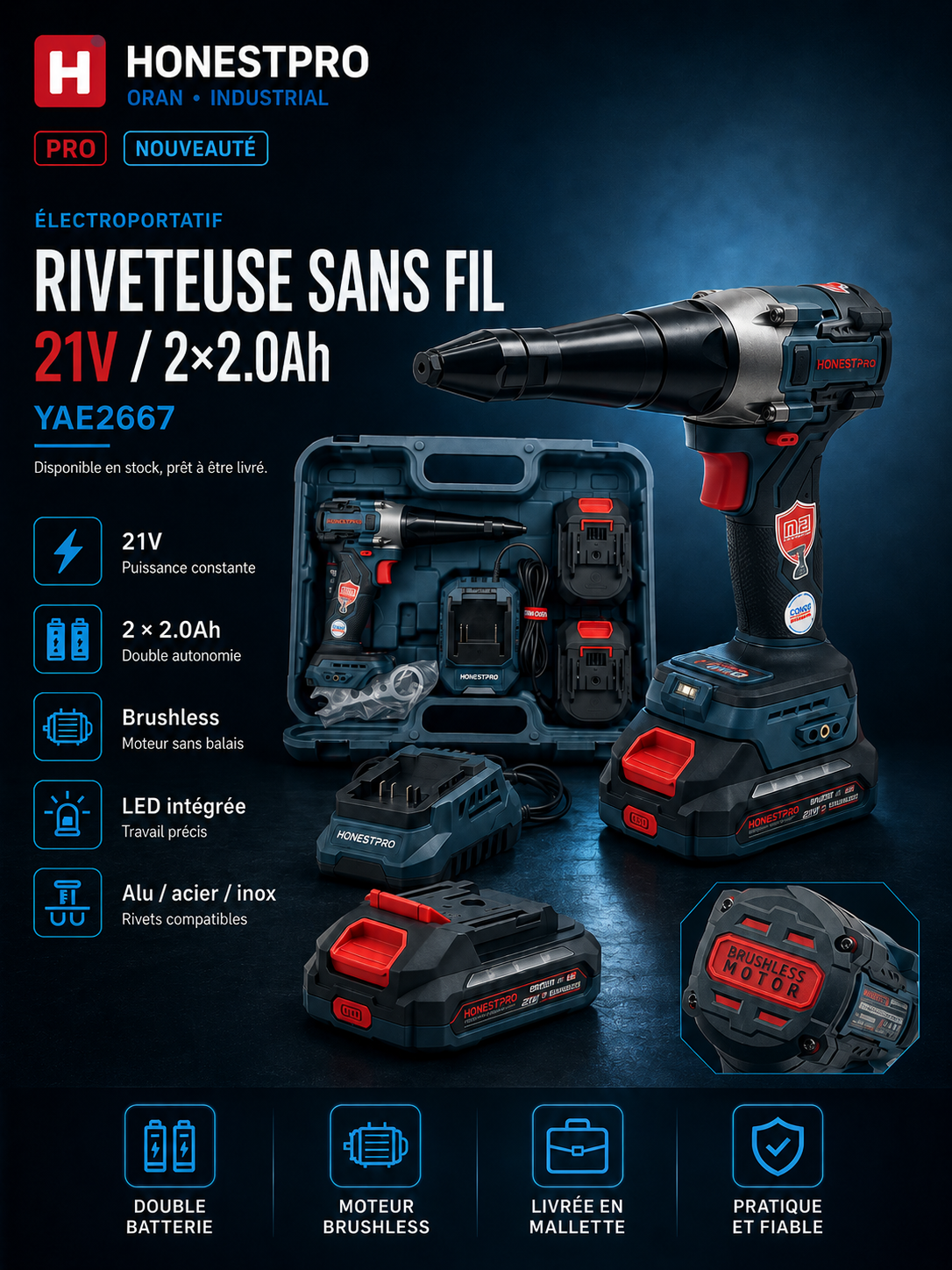Riveteuse sans fil Brushless 21V HONESTPRO YAE2667