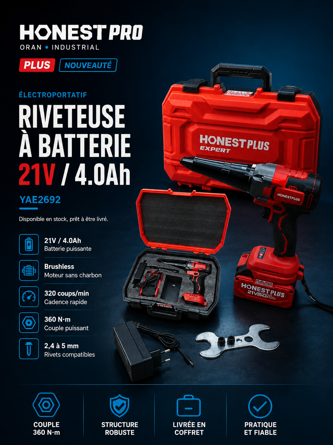 Riveteuse à batterie 21V 4Ah HONESTPLUS YAE2692