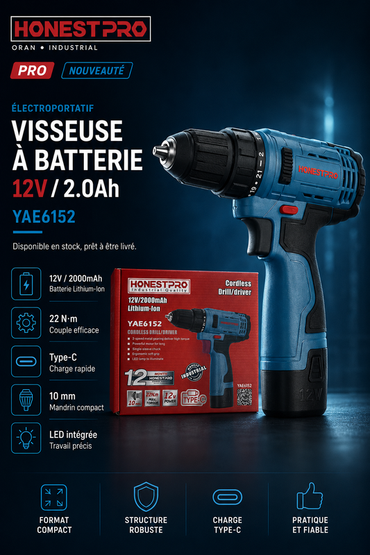Visseuse sans fil 12V 2Ah Type-C HONESTPRO YAE6152